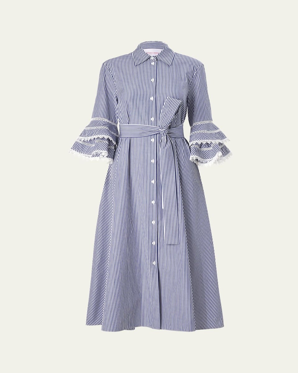 Stripe Tiered Ruffle Sleeve Shirtdress
